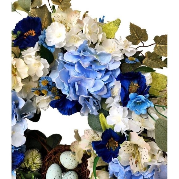 Blue Hydrangea wreath with poppies, birds nest and faux robin eggs. Beautiful!! - Picture 4 of 13